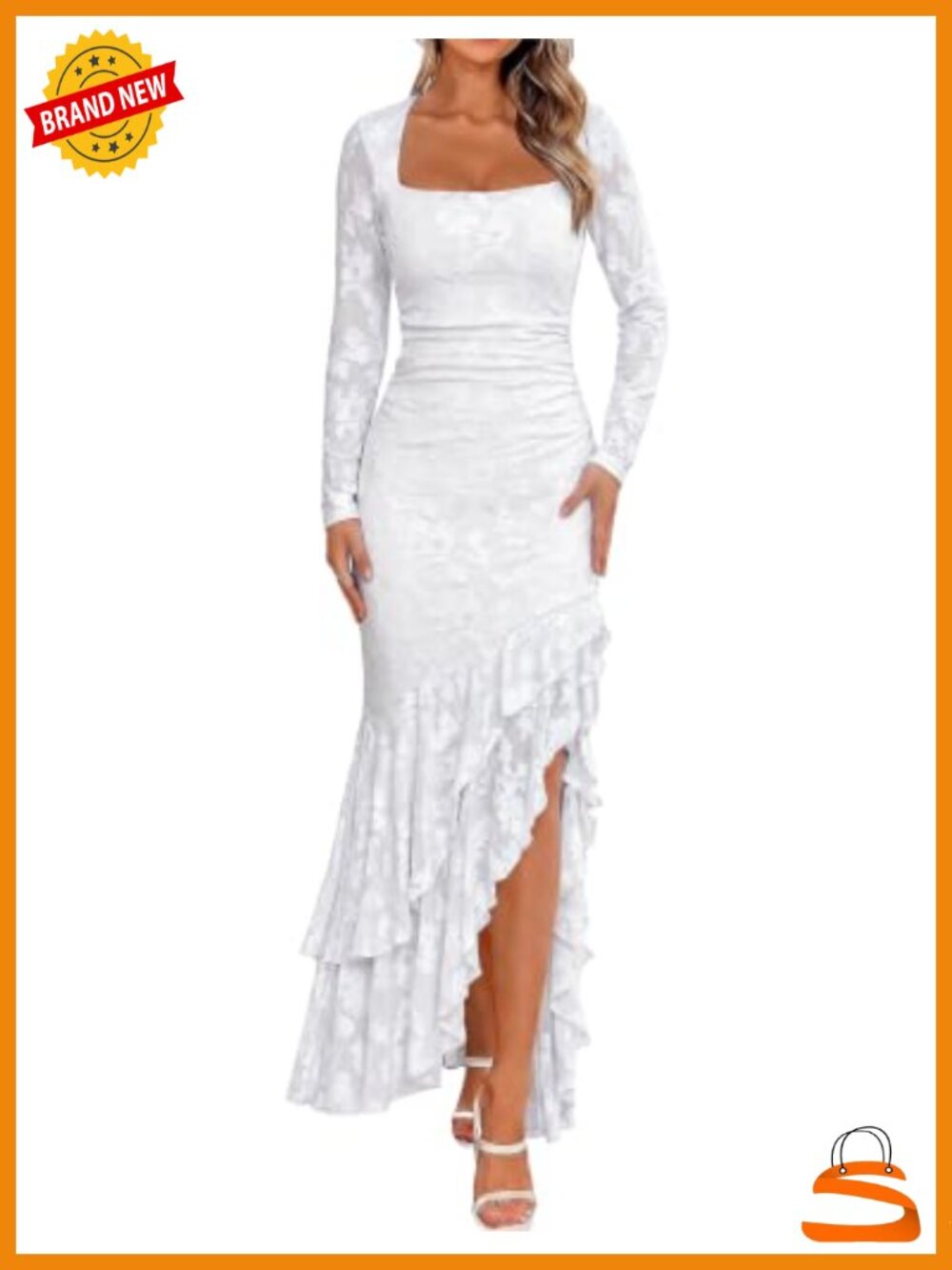 Elegant Long Sleeve Maxi Dress Tiered Ruffle High Slit Formal Wedding Guest